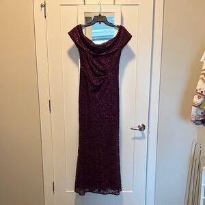 Xscape One-Shoulder Sparkle Gown in Deep Wine